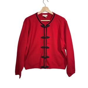 Talbots Vintage Wool Cardigan Sweater Asian Frog Knots Velvet Trim Red Black XL